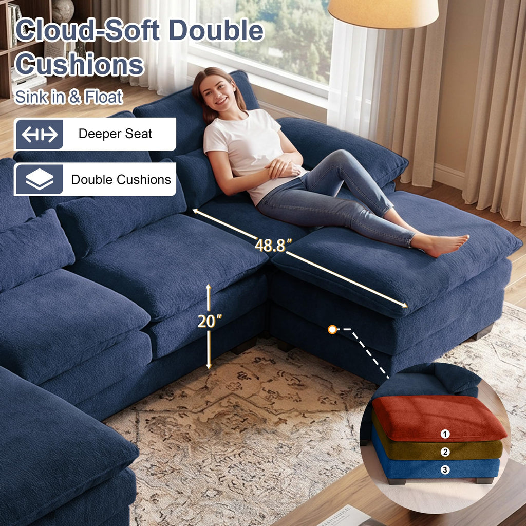 113" U Shaped Cloud Sectional Couch with Ottoman, Chenille Sofa, Dark Blue