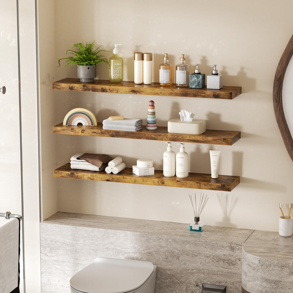 Bathroom Floating Shelves for Wall, 36" Shelf, Set of 3, Rustic Brown