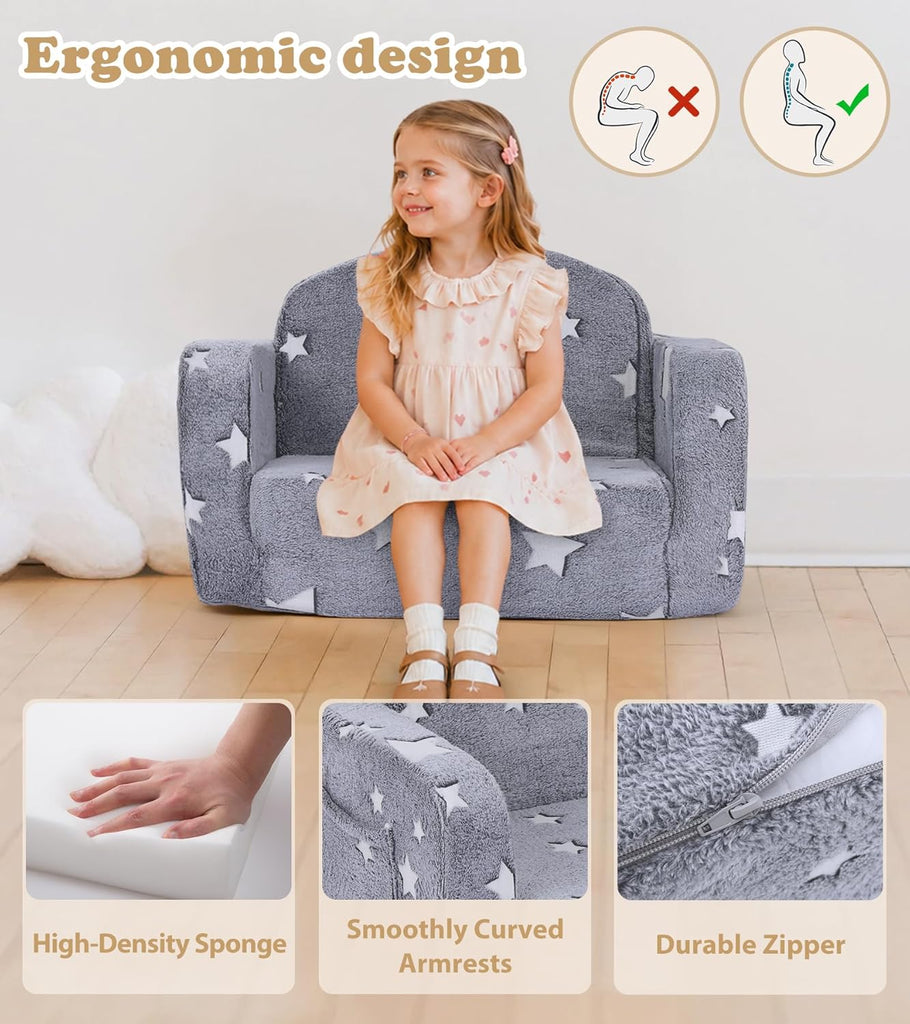 Kids Couch, in-1 Soft Toddler Couch Fold Out with with Blanket and Cloud Pillow, Glow in The Dark, Toddler Chair