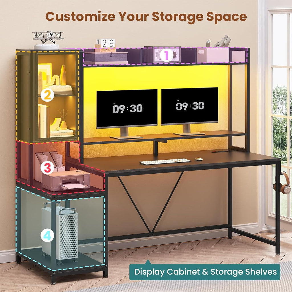 60'' Gaming Desk with Storage, Hutch, Display Cabinet and LED Lights | Computer Desk with Monitor Stand, Large PC