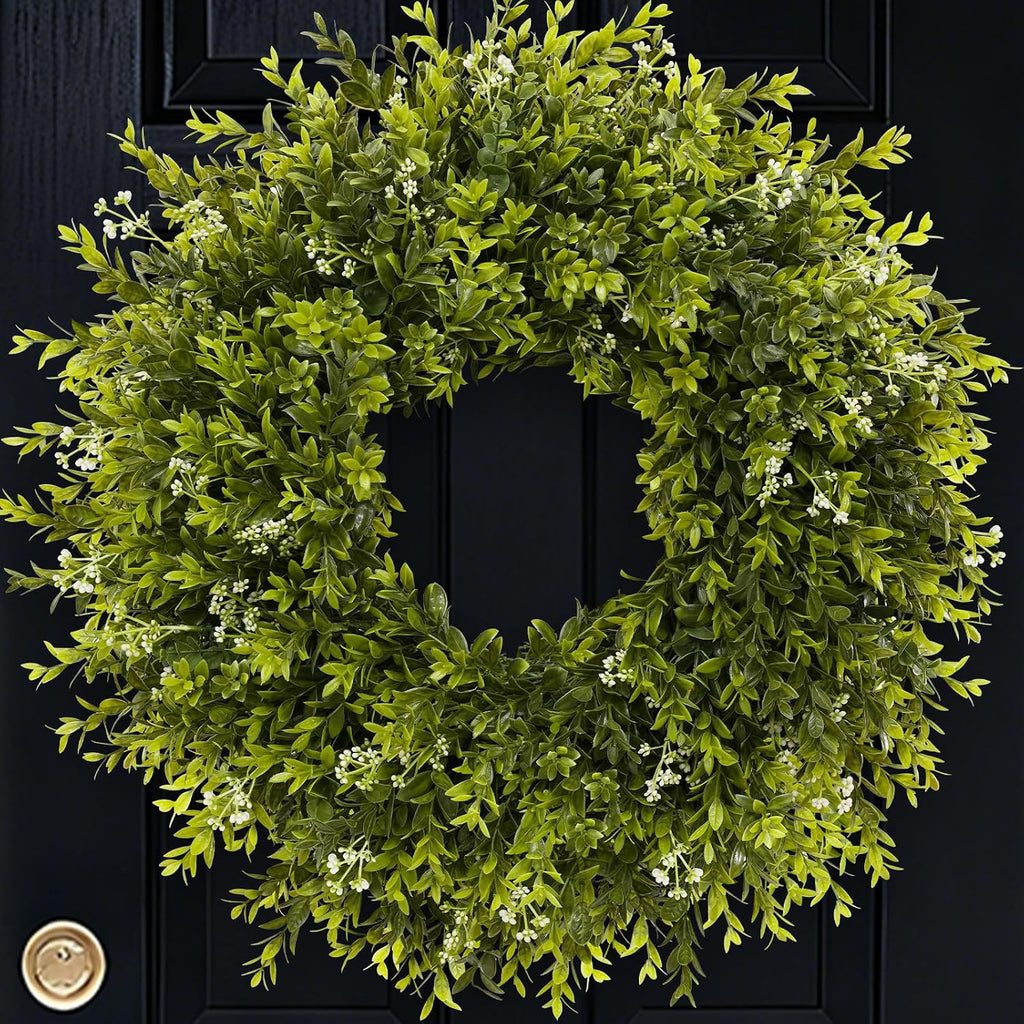 28'' Large Boxwood Wreath for Front Door Porch Window Artificial Boxwood Leaves with White Seed Greenery Outdoor