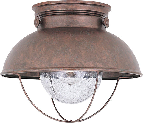 Sebring One Light Outdoor Flush Mount Ceiling Light with Clear Seeded Glass Diffuser, Weathered Copper Finish