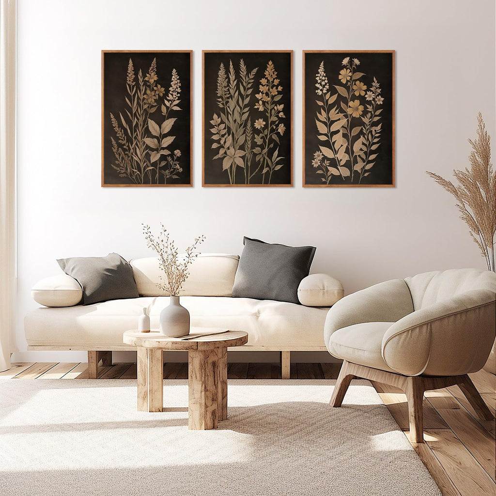 Vintage Botanical Fern Framed Canvas Wall Art Set, Black and Tan Plant Leaves Wall Decor, Modern Farmhouse Art