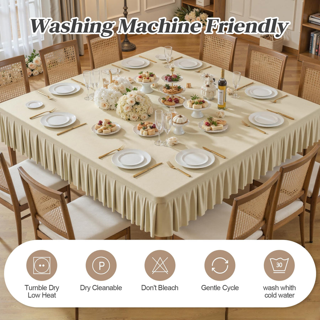 Care Natural Spandex Tablecloths for 34x34 Inch Square Tables, Stretch Fitted Table Clothes with Pleated Ruffle Skirt