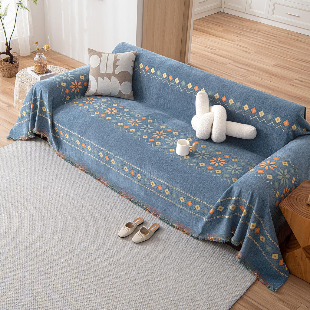 Blue Boho Couch Cover Geometric Jacquard Sofa Covers for 2 Cushion Couch Loveseat Couch Cover for Pets Dogs Vintage