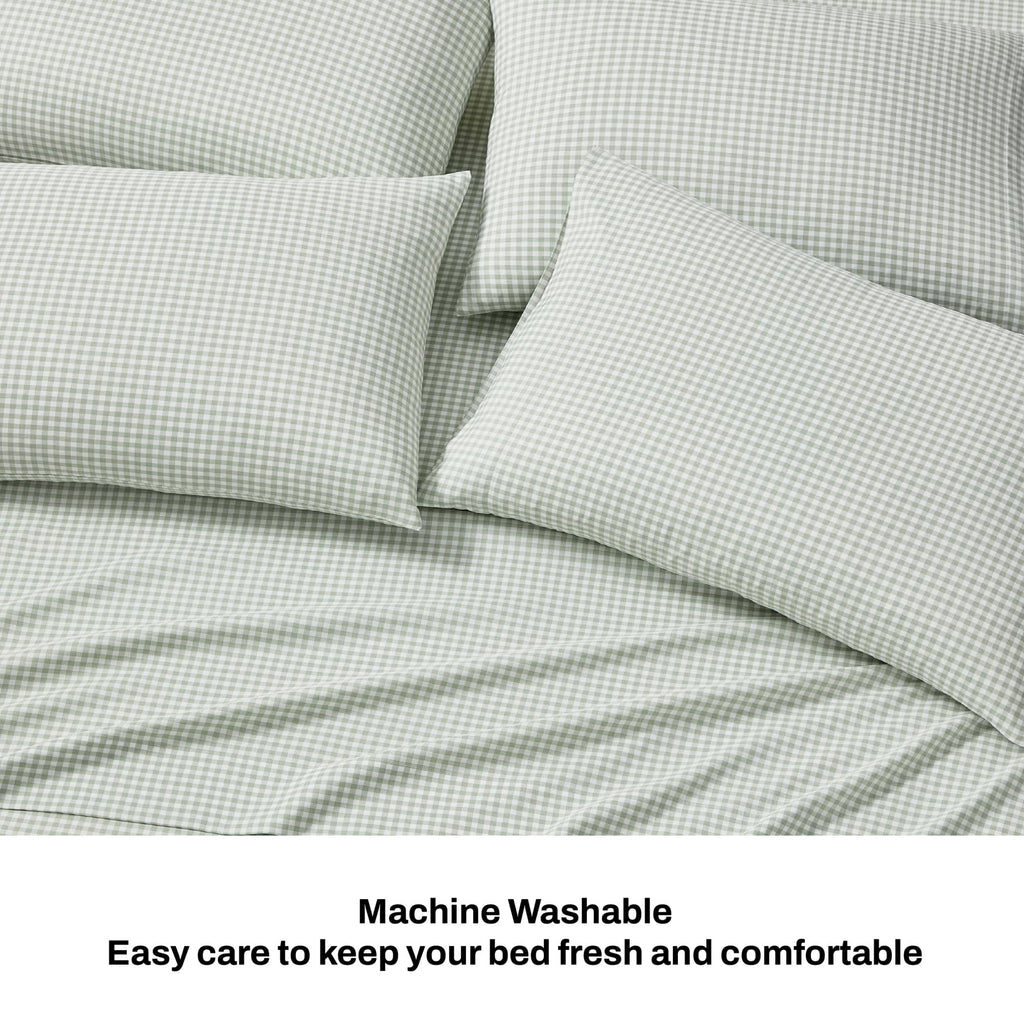 King Sheet Set - 6-Piece Heather-Hue Gingham Bed Sheets - Sage Green