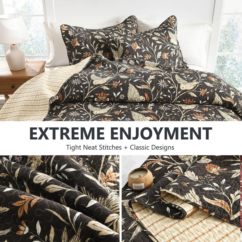 100% Cotton Quilt Set - Floral Quilted Comforter, Reversible Botanical Bird Pattern Farmhouse Quilt