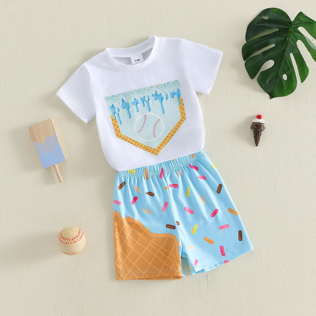 Toddler Baby Boy Summer Outfits Short Sleeve Ice Cream Baseball T-Shirt with Shorts 2Pcs Casual Clothes Set