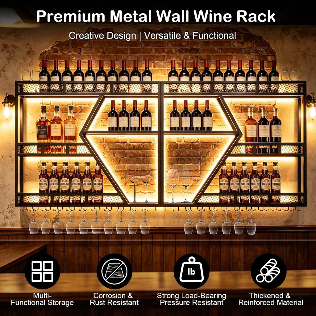 79 Inch Wine Rack Wall Mounted with LED Warm Light, 3-Tier Large Capacity Liquor Shelf with Glass Holder, Industrial
