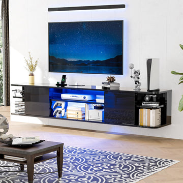63" Black Floating with LED Lights & Power Outlet, Wall Mounted Floating Entertainment Center with Storage Shelves