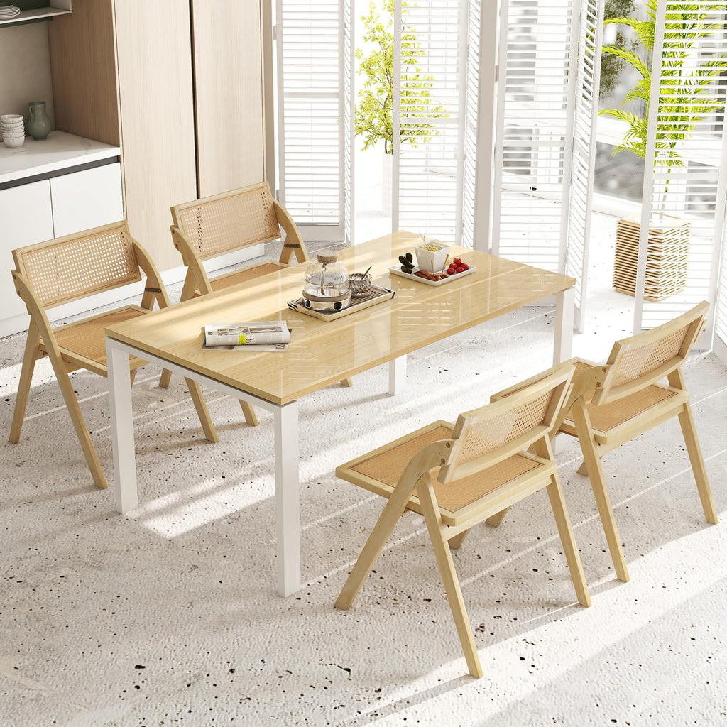 Folding Dining Chairs Set of 4, Wooden Folding Chair with Rattan Backrest & Seat, Sturdy Rubber Wood Frame, Armless