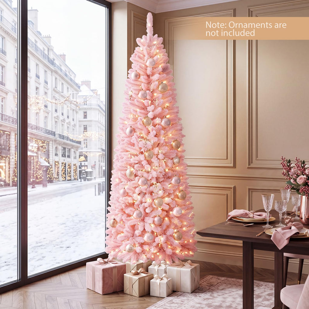 7FT Pre-Lit Pencil Christmas Tree, Snow Flocked Pink Xmas Tree