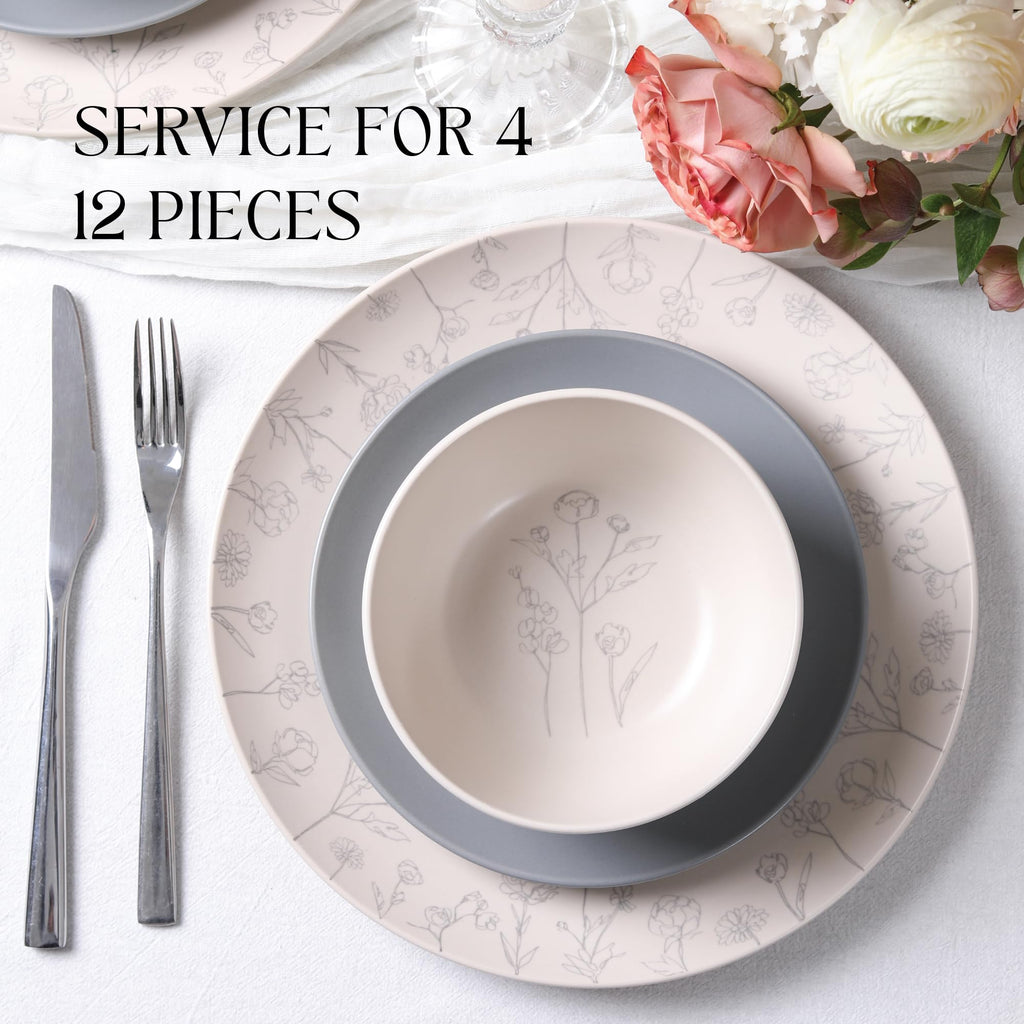 Lain Camelia 12-Piece Stoneware Dinnerware Set, Dinner Plates, Salad Plates & Bowls, Service for 4, Dishwasher &