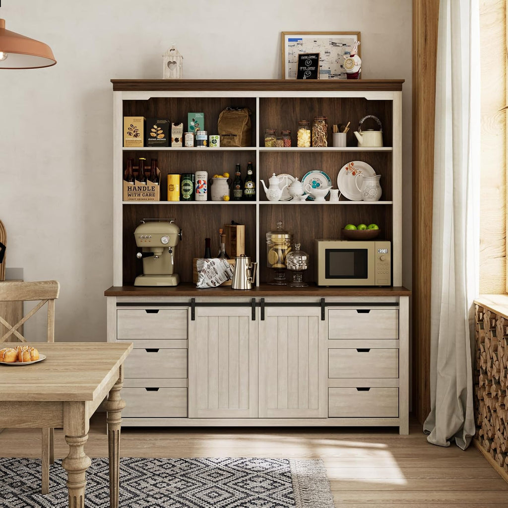 78 * 67" Large Farmhouse Pantry Cabinet with Countertop, Buffet Cabinet,Tall Kitchen Hutch with Partitions and 6
