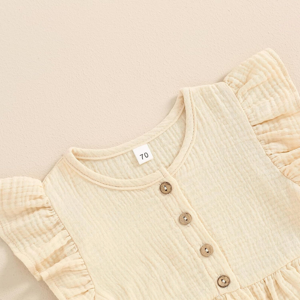 Toddler Baby Girl Solid Color Fly Sleeve Button Ruffle Tops+Bow Shorts Bubble Two Piece Summer Outfit Clothes Set