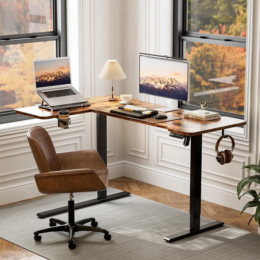L Shaped Electric Standing Desk - 59x40 Inch Reversible Corner Sit Stand Desk with Hook&Cup Holder,Electric Height