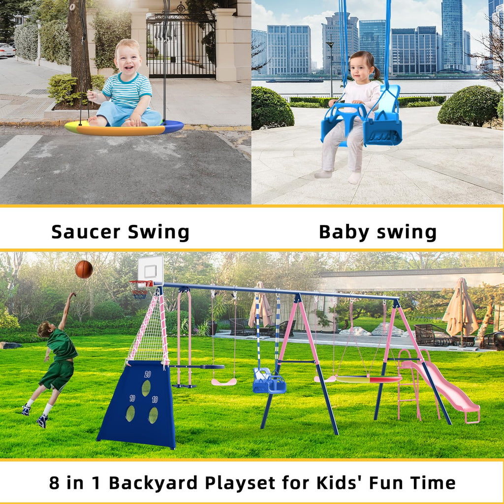 8-in-1 Kids Swing Sets for Backyard with Slide
