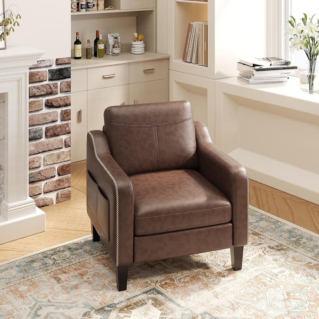 PU Leather Accent Chair, Mid-Century Modern Living Room Armchair Sofa with Removable Cushions & Stitched - Set of 2