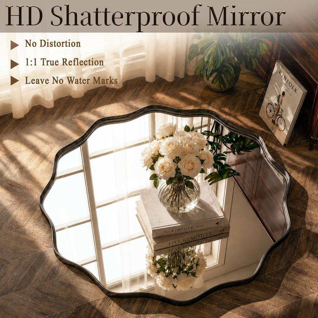 Black Scalloped Circle Mirror 20" Wavy Edge Round Wall Mirror