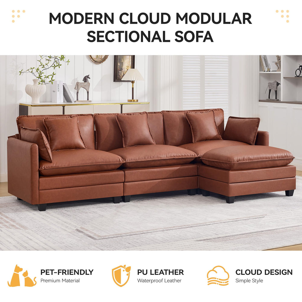 Modular Cloud Sectional Sofa, 111'' L Shaped Cloud Deep Seat Sofa, D-Brown