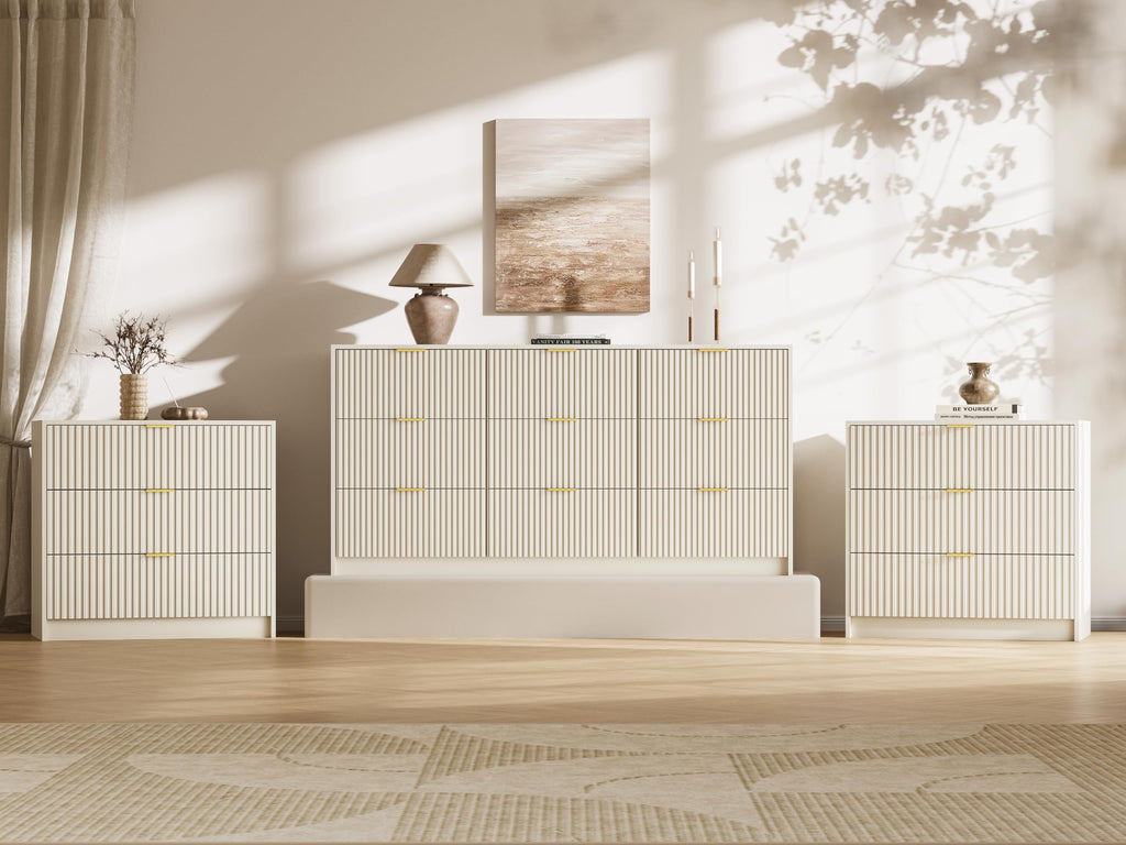 3-Piece Dresser Bedroom Set, 9 Drawer Dresser & 3 Drawer Nightstands with Gold Handles, Fluted Wood Chest of Drawers