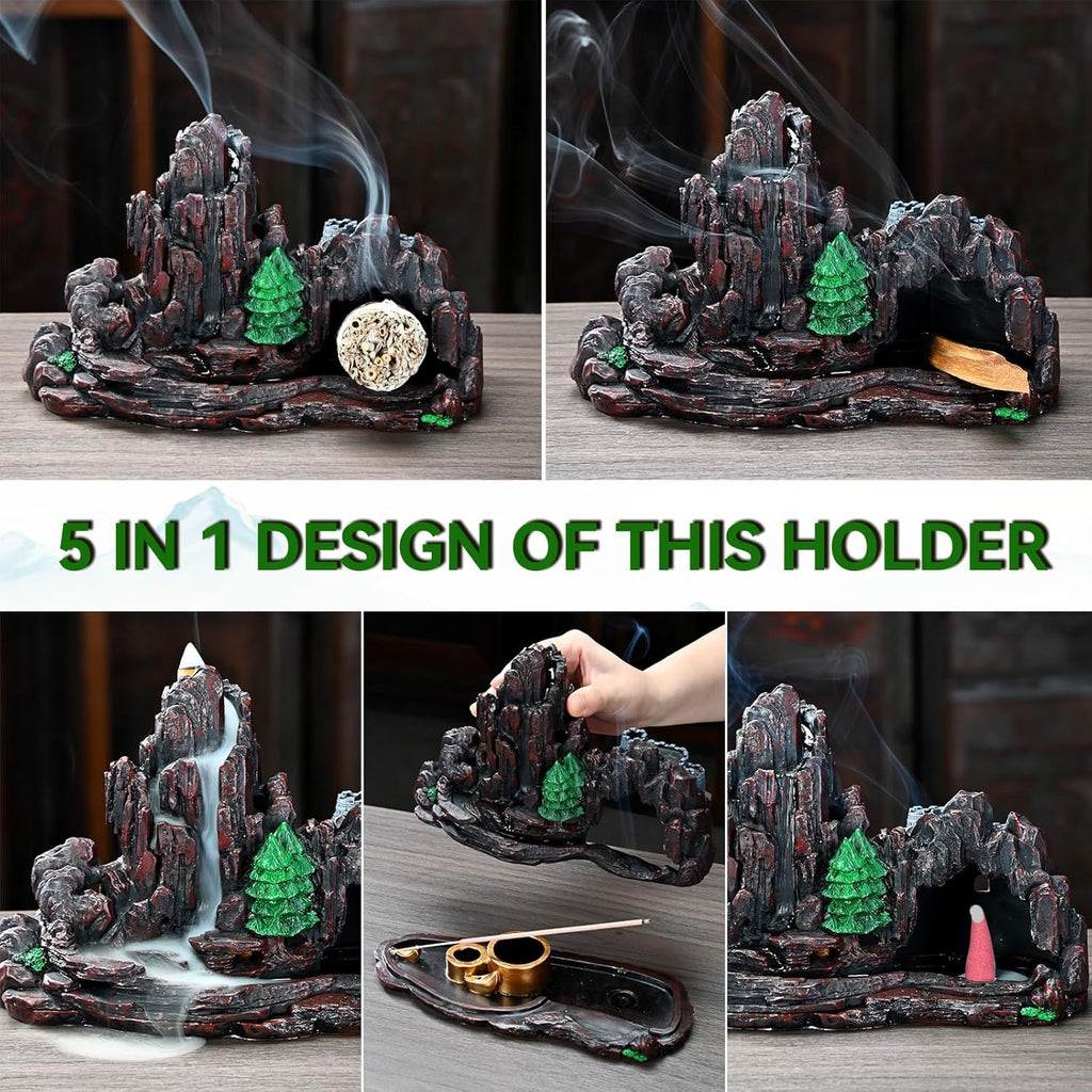 Mountain Waterfall Incense Burner,Backfall Incense Holder River, Incense Falls Meditation Decor for Room with Upgrade - Set of 5