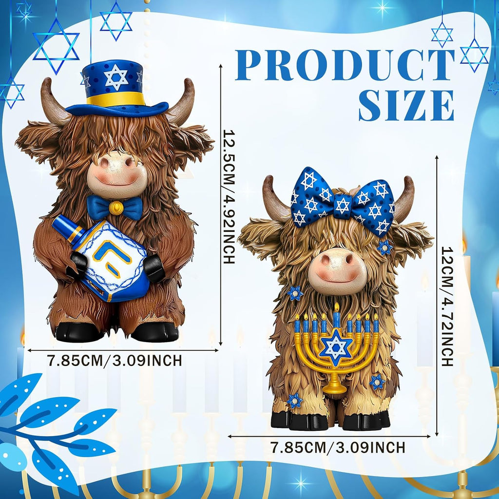 Hanukkah Highland Cow Figurines Decor, Blue Hanukkah Style - Set of 2