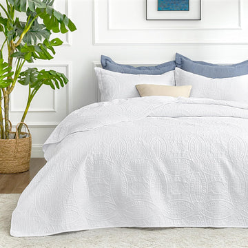King Quilt Set White Bedspreads - Soft Bed Summer Lightweight Bedspread Comforter - Modern Style Coin Pattern