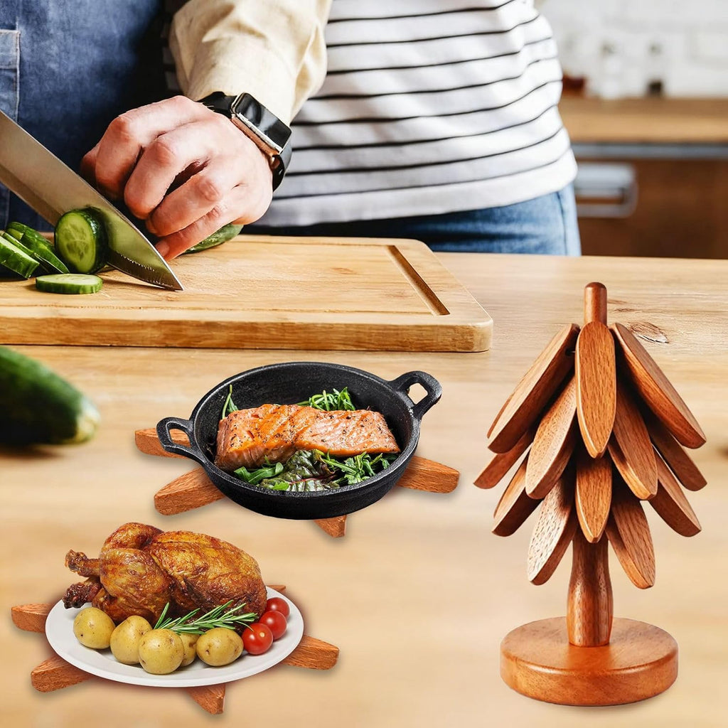 Wooden Tree Trivet Set - 4 Heat-Resistant Sapele Wood Trivets with Stand for Hot Pots and Pans, Kitchen Countertop - Set of 4
