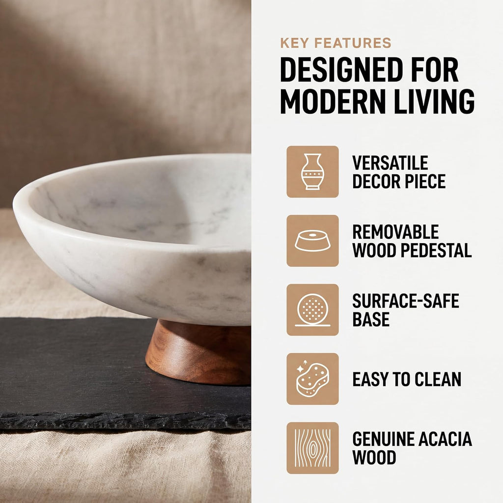 Decorative Marble Bowl White - Handcrafted Natural Stone on Removable Acacia Wood Pedestal Base - Versatile 10"