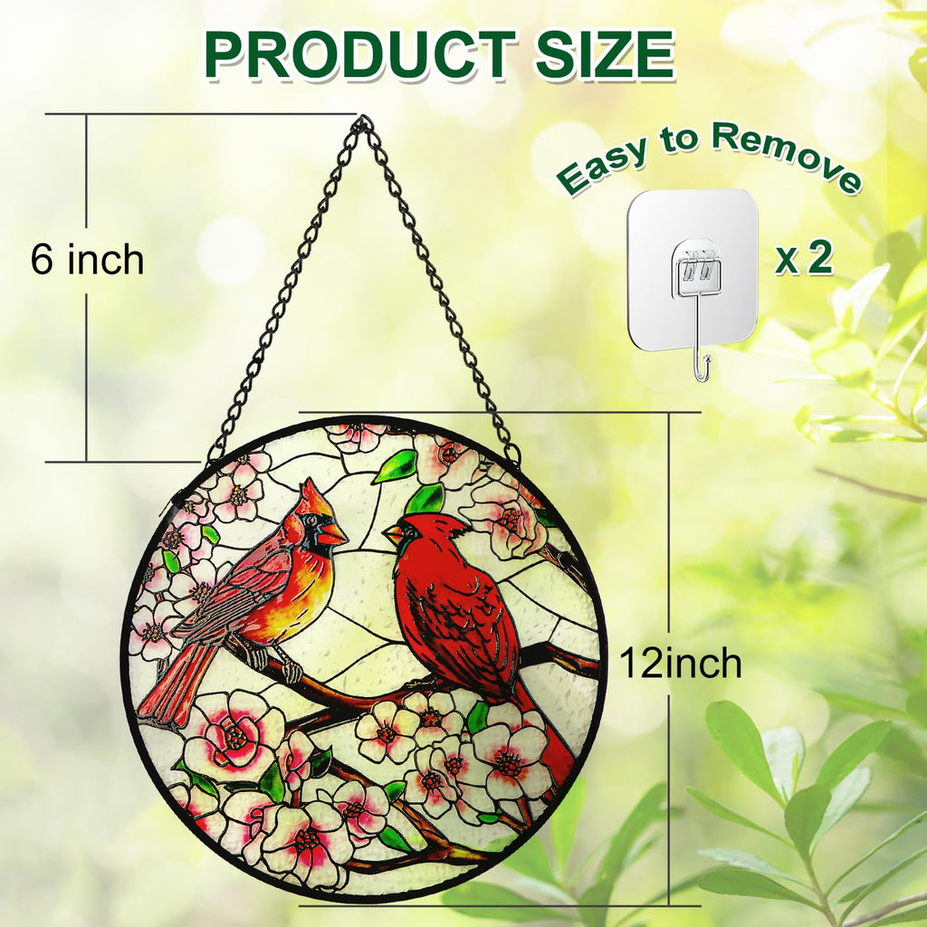 Cardinal Stained Glass Window Hanging, 12 Inch Sun Catcher Glass Panel with Metal Chain and Hooks Suncatcher Indoor