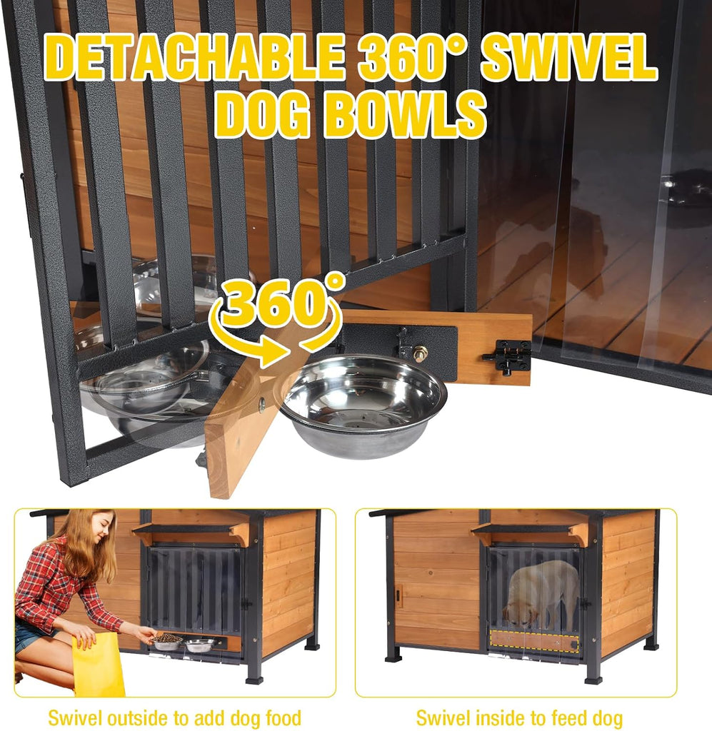 Outside Chew-Resistant Dog House with Metal Frame, Indoor/Outdoor Wooden Dog House with Waterproof Roof and Food