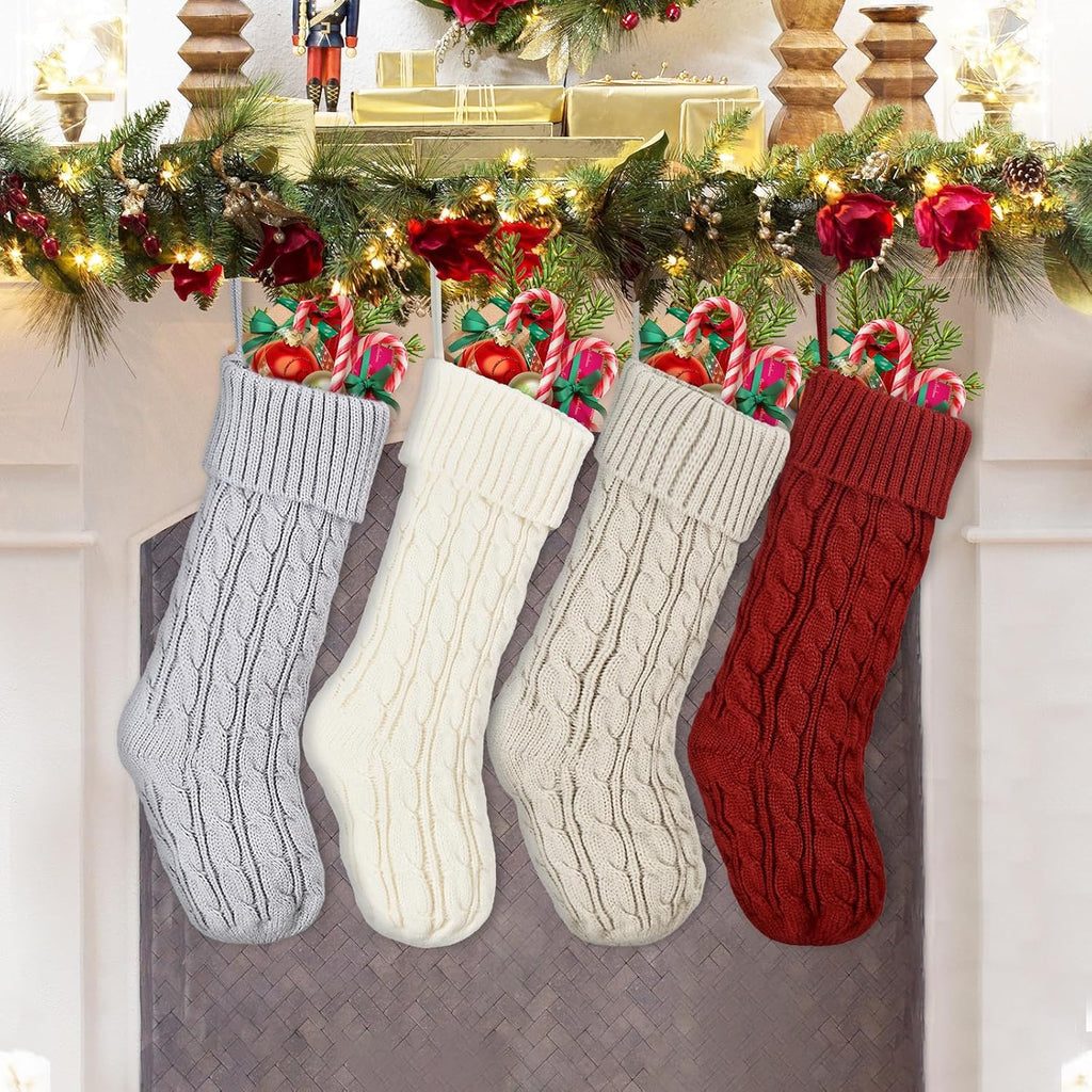 S - 4 Pack Cable Knit Family Christmas Stockings, Large Trdaitional Knitted Holiday Stockings, Tree Decor - Set of 4