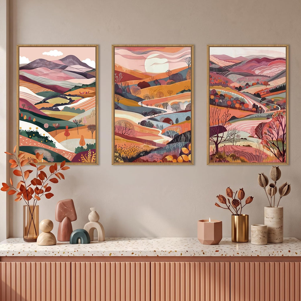 Boho Colorful Mountain Framed Canvas Wall Art Set, Abstract Pink Landscape Wall Decor, Watercolor Forest Art