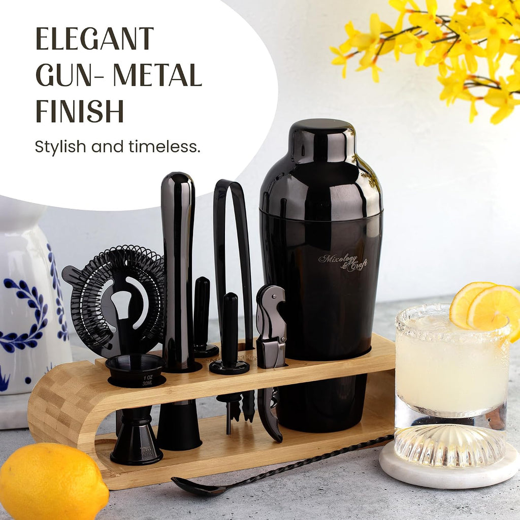Cocktail Shaker Set with Bamboo Stand - Professional 10-Piece Bartender Kit, Complete Bar Set Use with Jigger - Set of 10