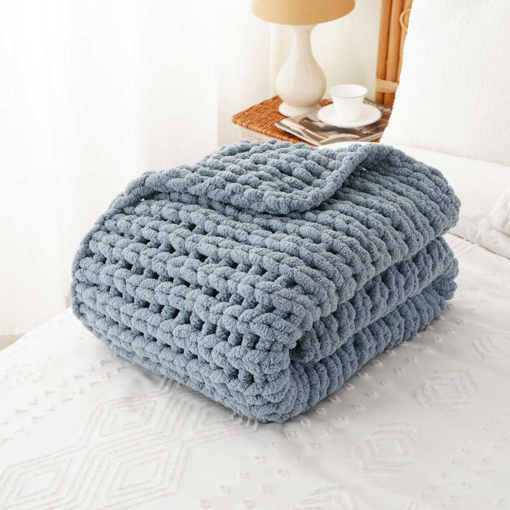 Blue Chunky Knit Throw Blanket for Couch, 50"x60"