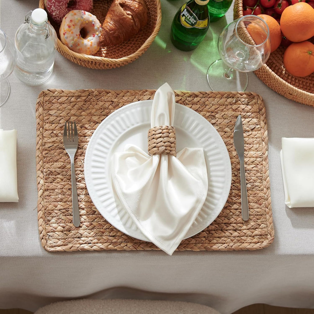 Woven Placemats, 17" x 12" Rattan Table Mats, Natural Water Hyacinth Chargers for Dinner Plates, Wicker - Set of 6