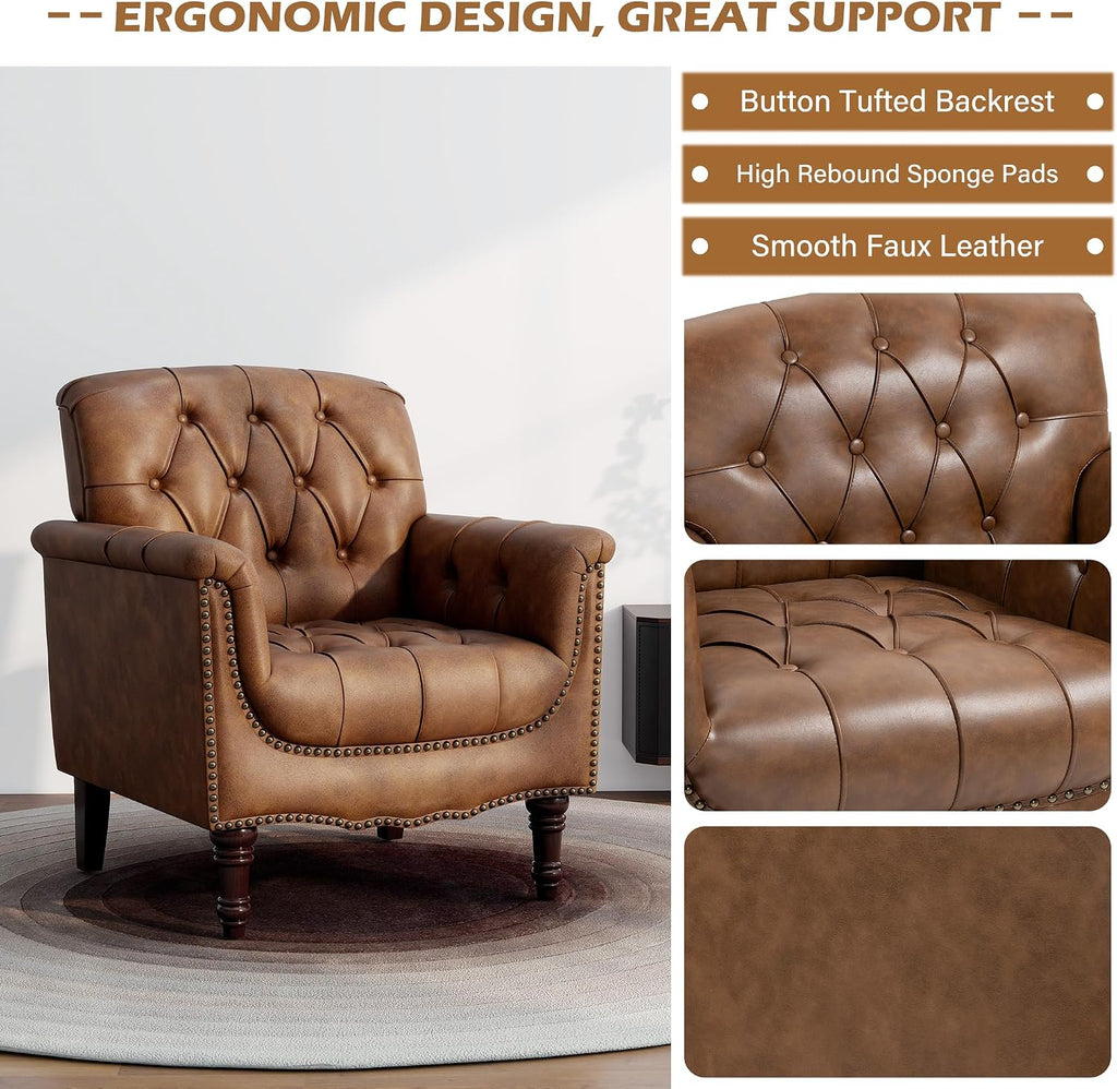 Faux Leather Accent Chair, Button Tufted Upholstered Armchair, Brown