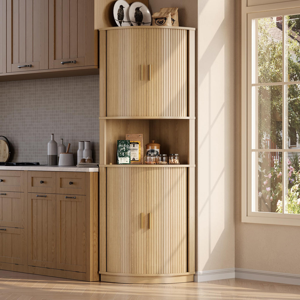 65.8'' Tall Corner Storage Cabinet with Fluted Sliding Doors, Wine Bar Cabinet with Storage, Mid-century Modern