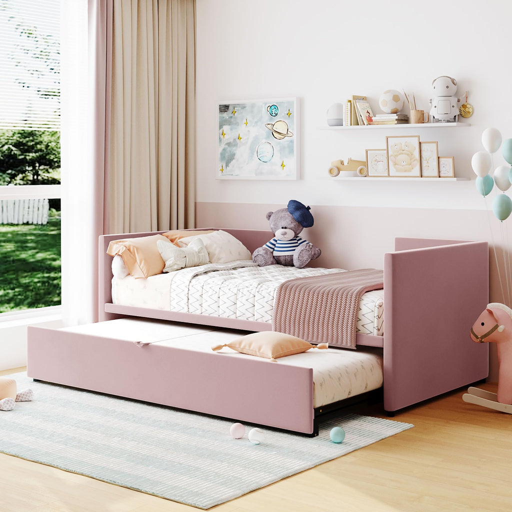 Twin Size Daybed, Upholstered Twin Daybed with Extendable Trundle, Twin Size Daybed Frame, Pink