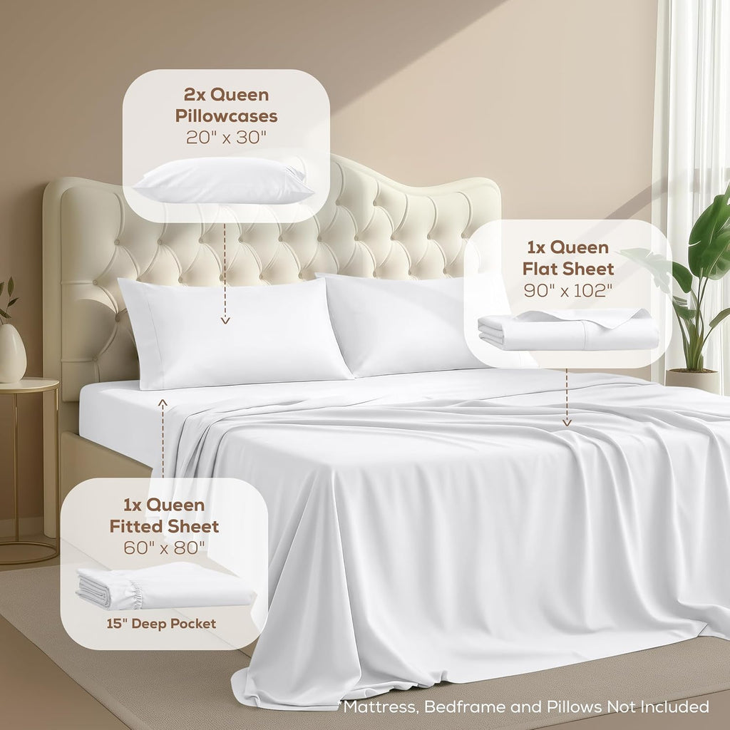 Queen Sheet Set - 4 Piece Bed Sheets, Soft and Breathable Microfiber, Includes 1 Fitted Sheet, 1 Flat Sheet and 2