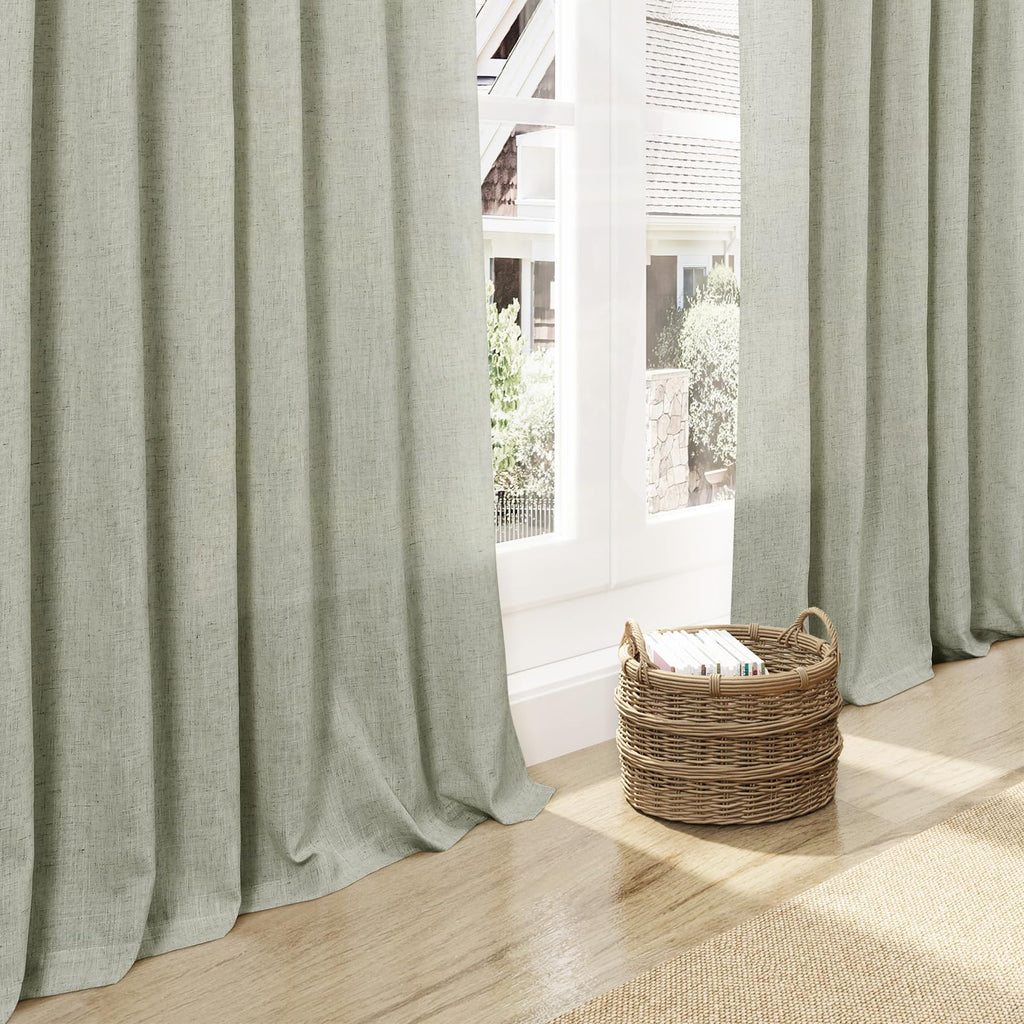 Sage Green Curtains 120 inches Long 2 panels Back Tab Rod Pocket Semi Sheer Linen Drapes Neutral Room Decor Earth