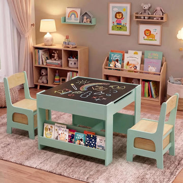Kids Table & 2 Chairs Set, 4 in 1 Wooden Activity Table w/Bookshelf