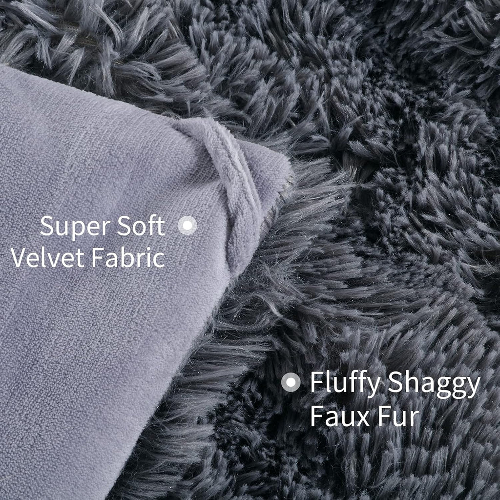Oversized King Faux Fur Fluffy Comforter Set 120x120, 3 Piece Shaggy Plush Velvet Bedding Thick Comforter with Shams