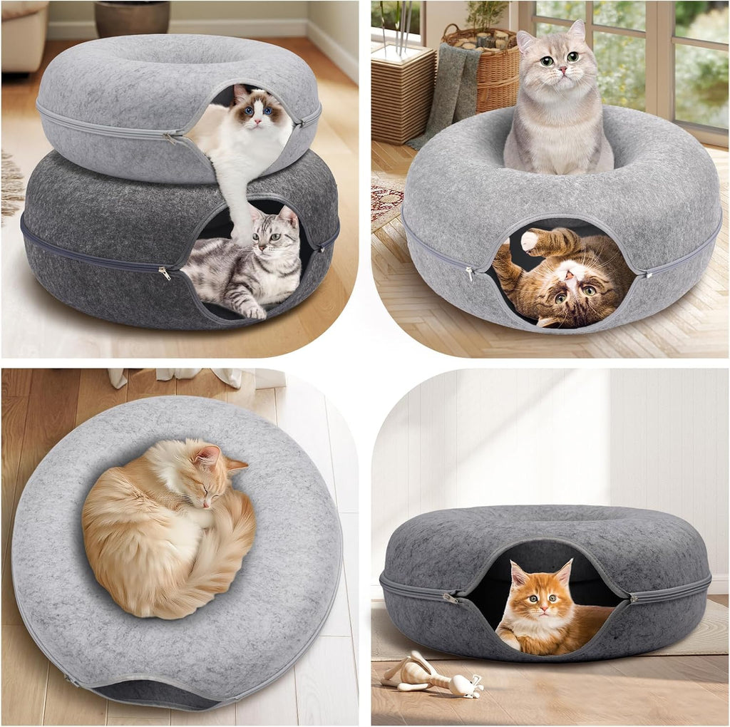 Large Peekaboo Cat Cave Donut Tunnel 24" for Indoor Cats, Dark Grey