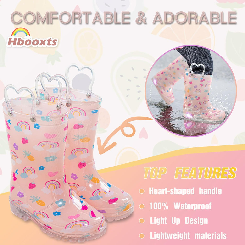 Toddler Rain Boots Waterproof Rubber Kids Rain Boots for Girls and Boys with Fun Patterns and Easy-On Handles