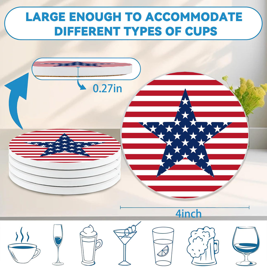 Patriotic Drinks Coasters Set of 4, Absorbent Ceramic Stone Coaster with Cork Base, Cute Coasters for Table Home