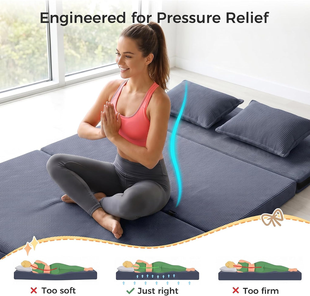 Tri-Fold Futon Mattress, Foldable Japanese Floor Sleep Mattress, High-Density Foam Tatami Bed Mat with Corduroy