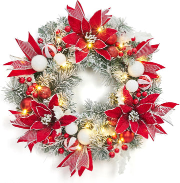 Pre-Lit Christmas Wreath for Front Door, 24 Inch Large Xmas Wreath for Holiday Decor, Battery Operated Xmas Lighted