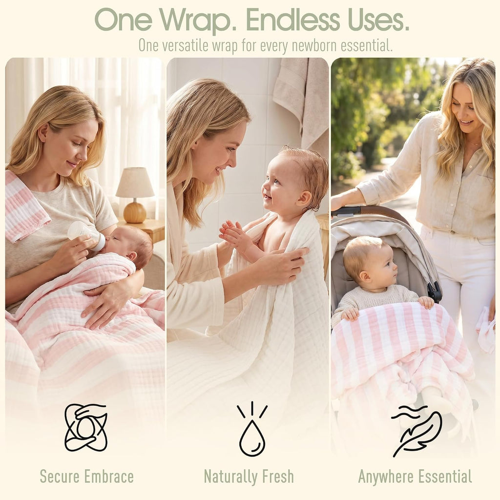 Organic Muslin Baby Bath Towel Blanket Pc Gift Set -Pink Stripe